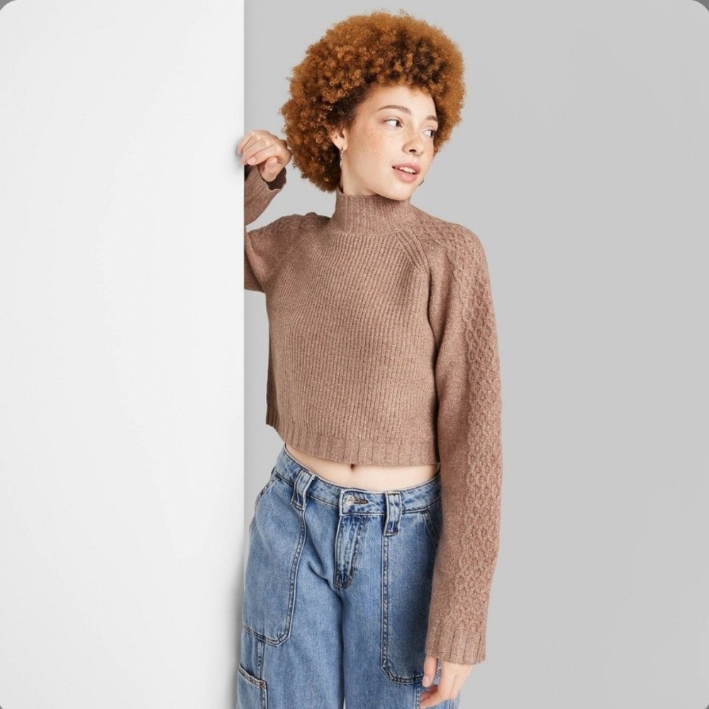 Wild Fable Womens Brown Cropped Mock Neck Cable Knit Raglan Sweater XS